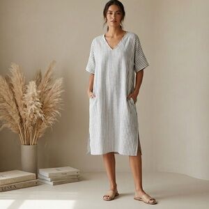 NWT LATTELOVE Linen Cotton Oversized Blue White Striped Shift Dress L